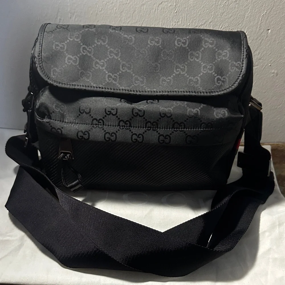 Gucci Black GG Monogram Messenger Bag with Adjustable Strap